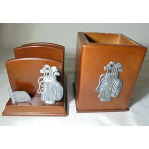 Vtg Wood Golf Motif 19th Hole 2 Piece Office Desk Set Pencil and Letter Holder